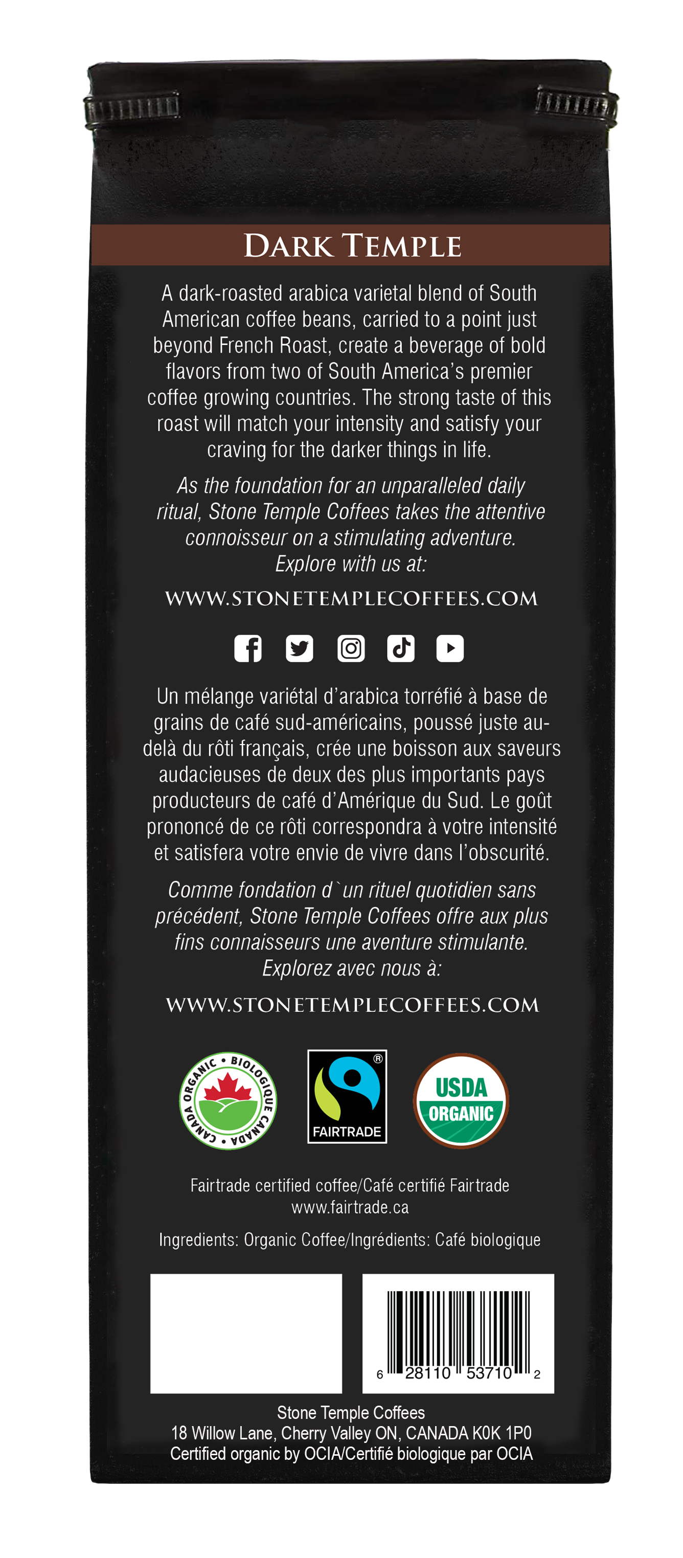 Dark Temple - Whole Bean, Dark French Roast, Certified Organic OCIA/ Fairtrade Coffee 1lb/ 454g