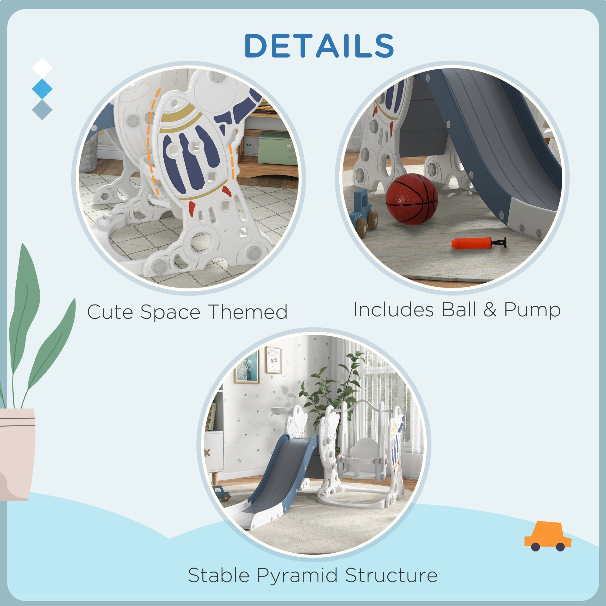 Qaba Galactic Playtime: 3 in 1 Toddler Swing Slide Set with Basketball Hoop, Indoor Playground Space Theme, White Blue Finish
