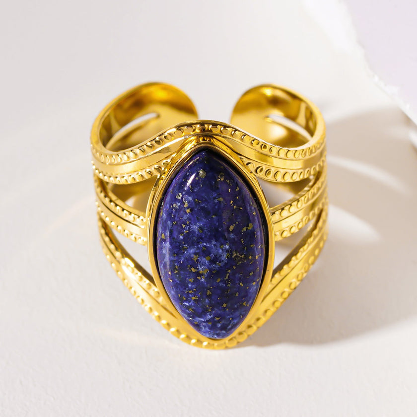 TIAMO: Vintage Inspired Ring with Triple Ornate Bands & a Lapis Lazuli Centre Piece