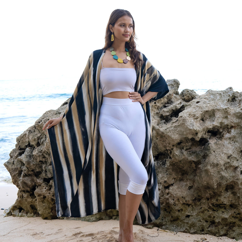 Bold Abstract Tie Dye Long Kimono In Grey & Gold