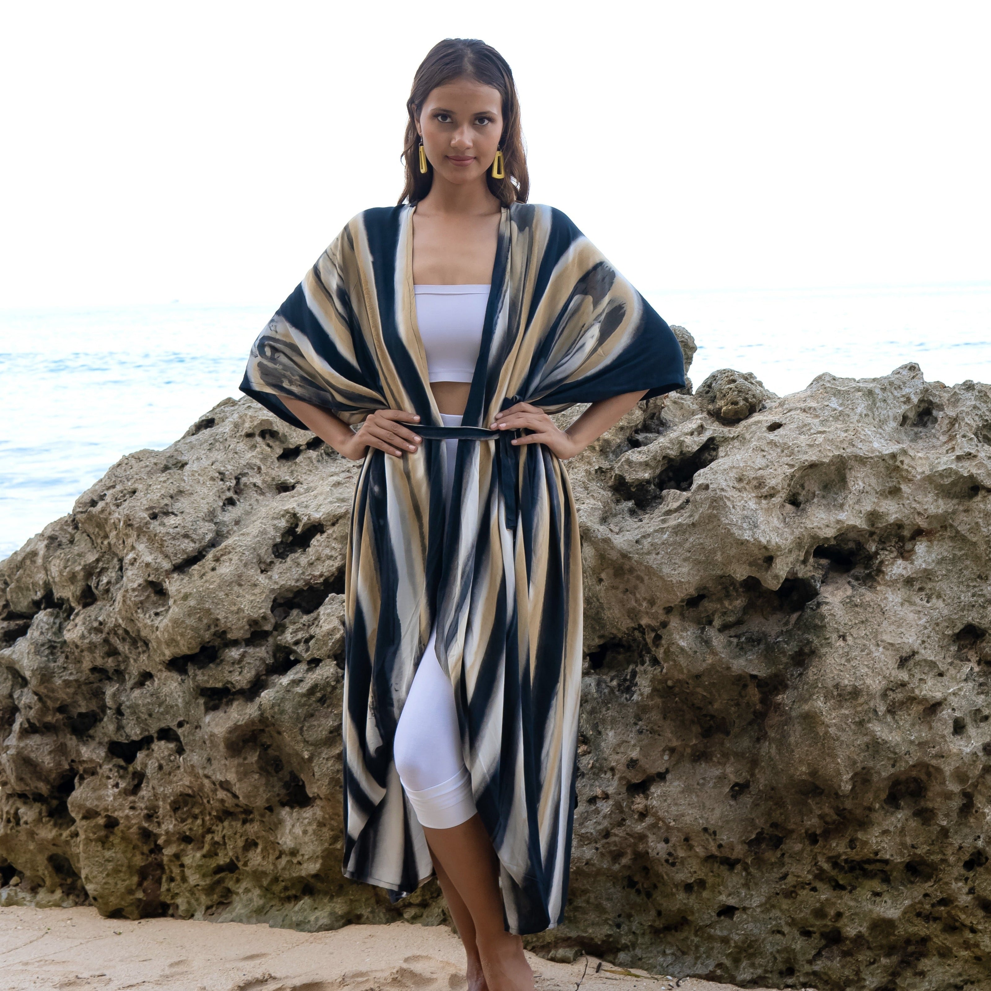 Bold Abstract Tie Dye Long Kimono In Grey & Gold