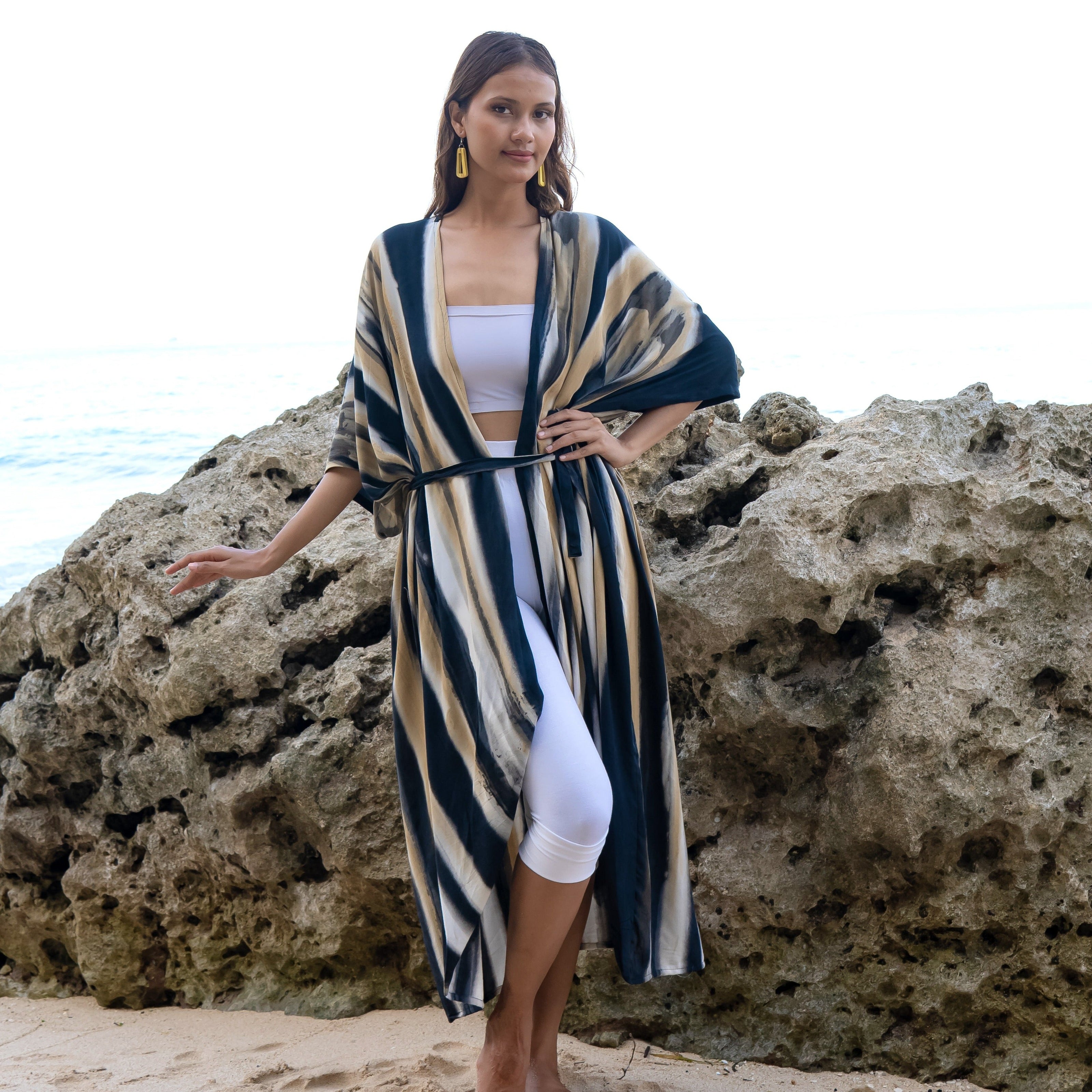 Bold Abstract Tie Dye Long Kimono In Grey & Gold