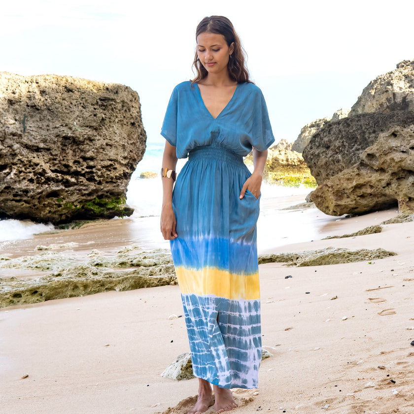 Beach Stripe & Tie Dye Maxi Dress In Grey
