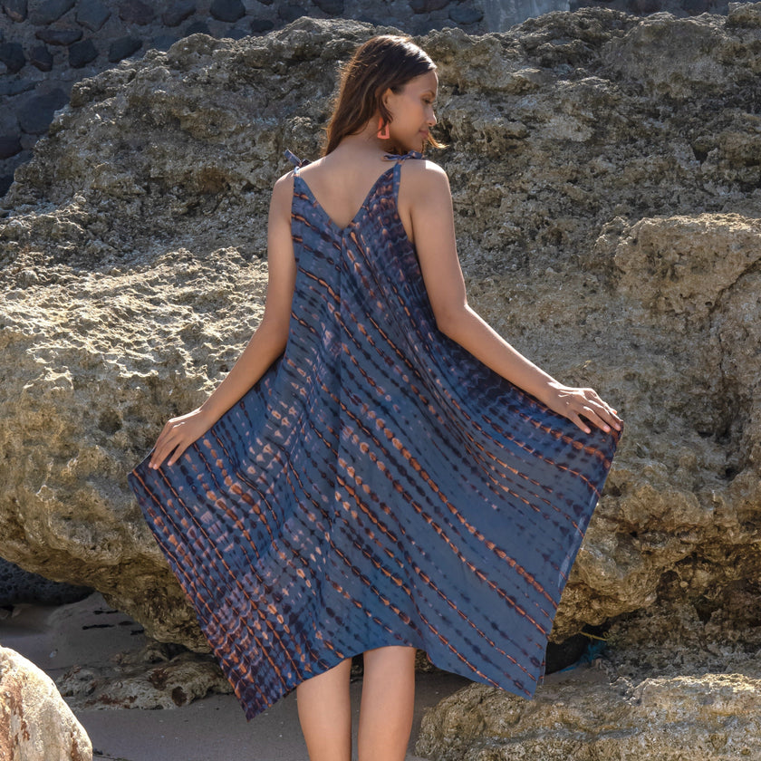 Handkerchief Dress In Denim & Gold Tie Dye