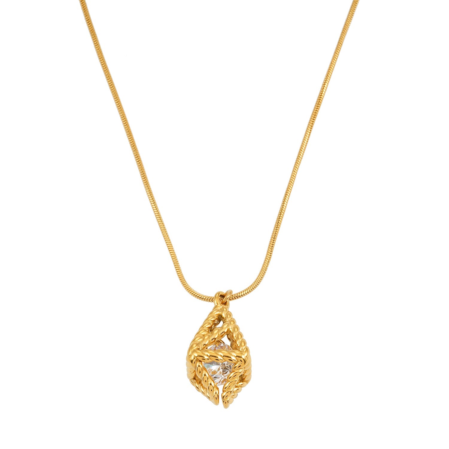 Style KARJAT : Collier à chaîne dorée avec pendentif en zircone géométrique en cage.