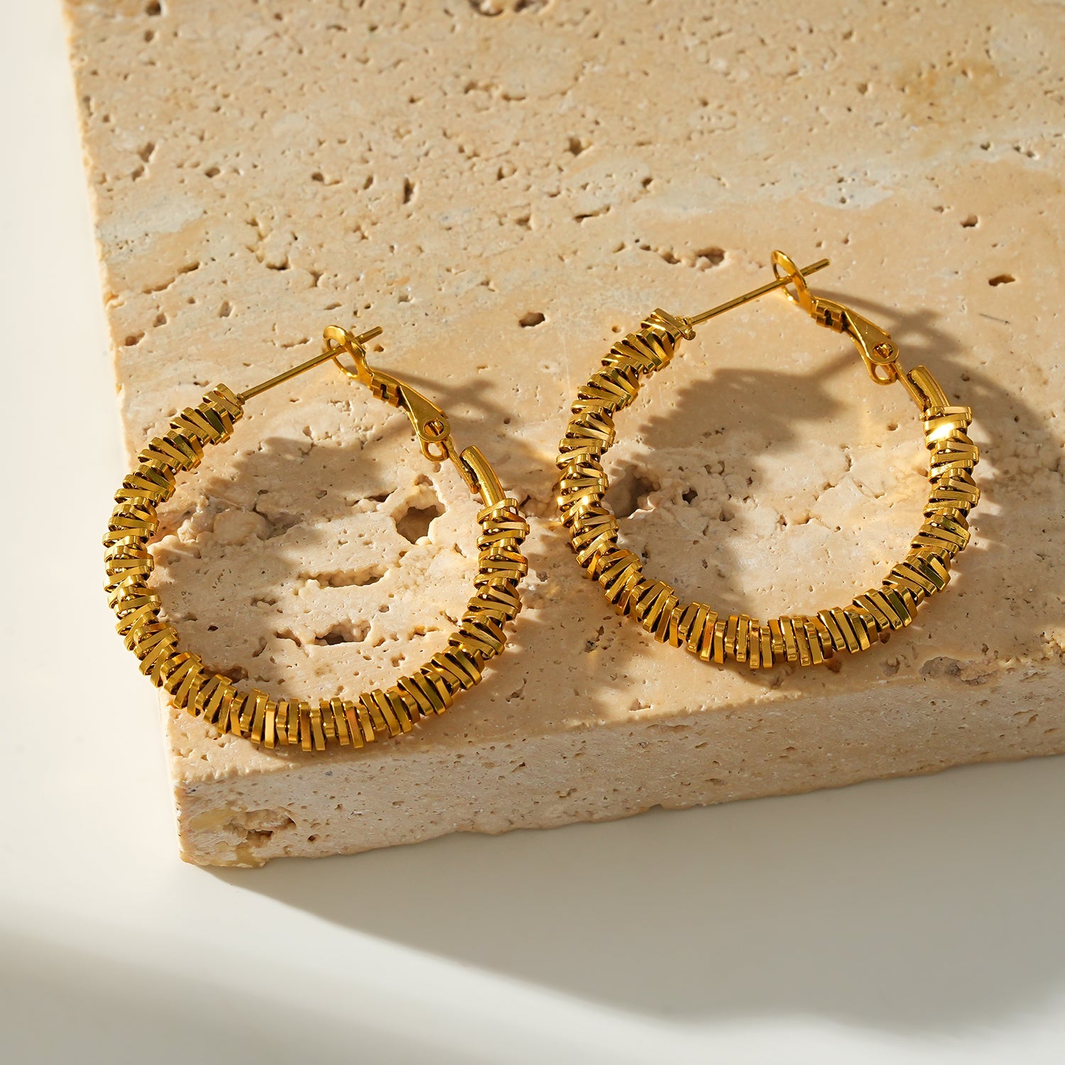 SPRINGDALE Gold: Textured Geometric Square Beaded Hoop Earrings
