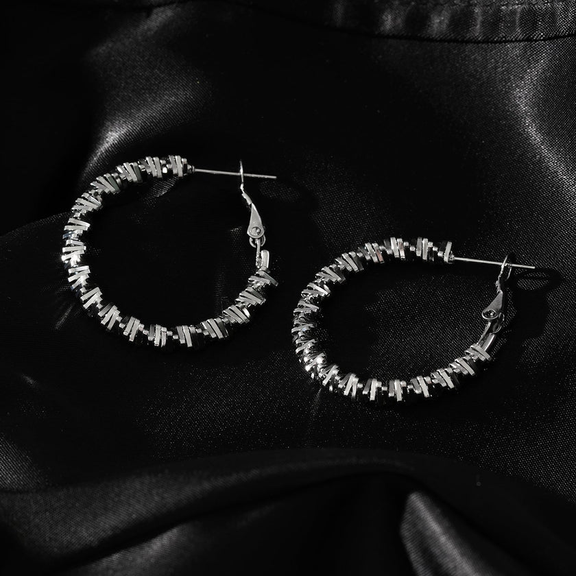 Style SPRINGDALE Silver: Textured Geometric Square Beaded Hoop Earrings