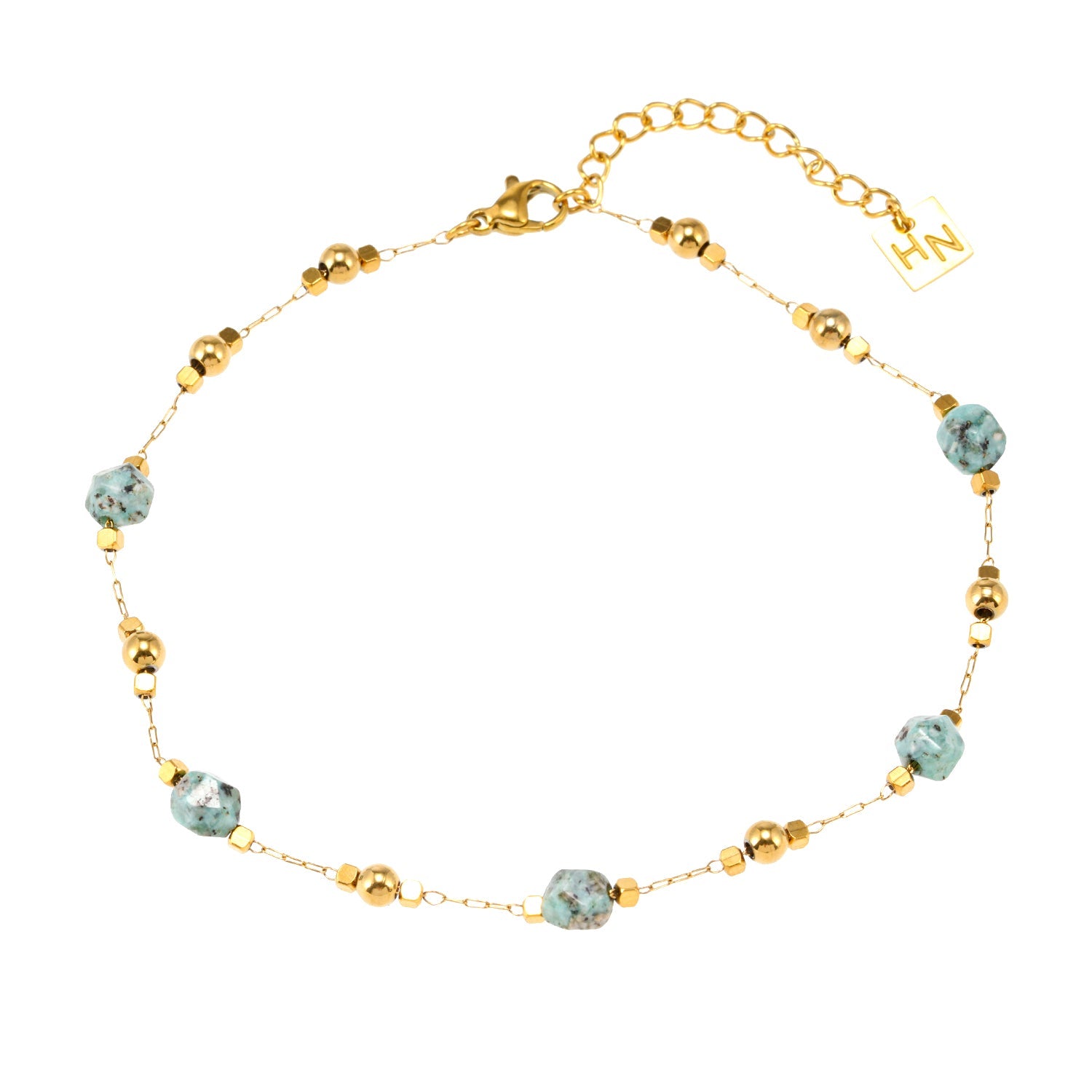 GIROC : Bracelet de cheville en chaîne, perles dorées et pierres naturelles de turquoise africaine.