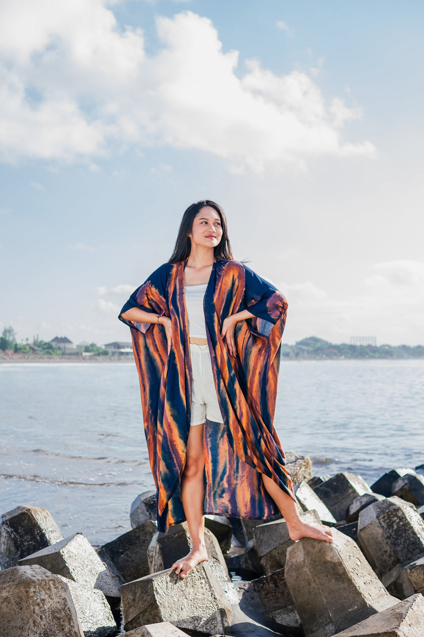 Navy & Gold Abstract Tie Dye Long Kimono