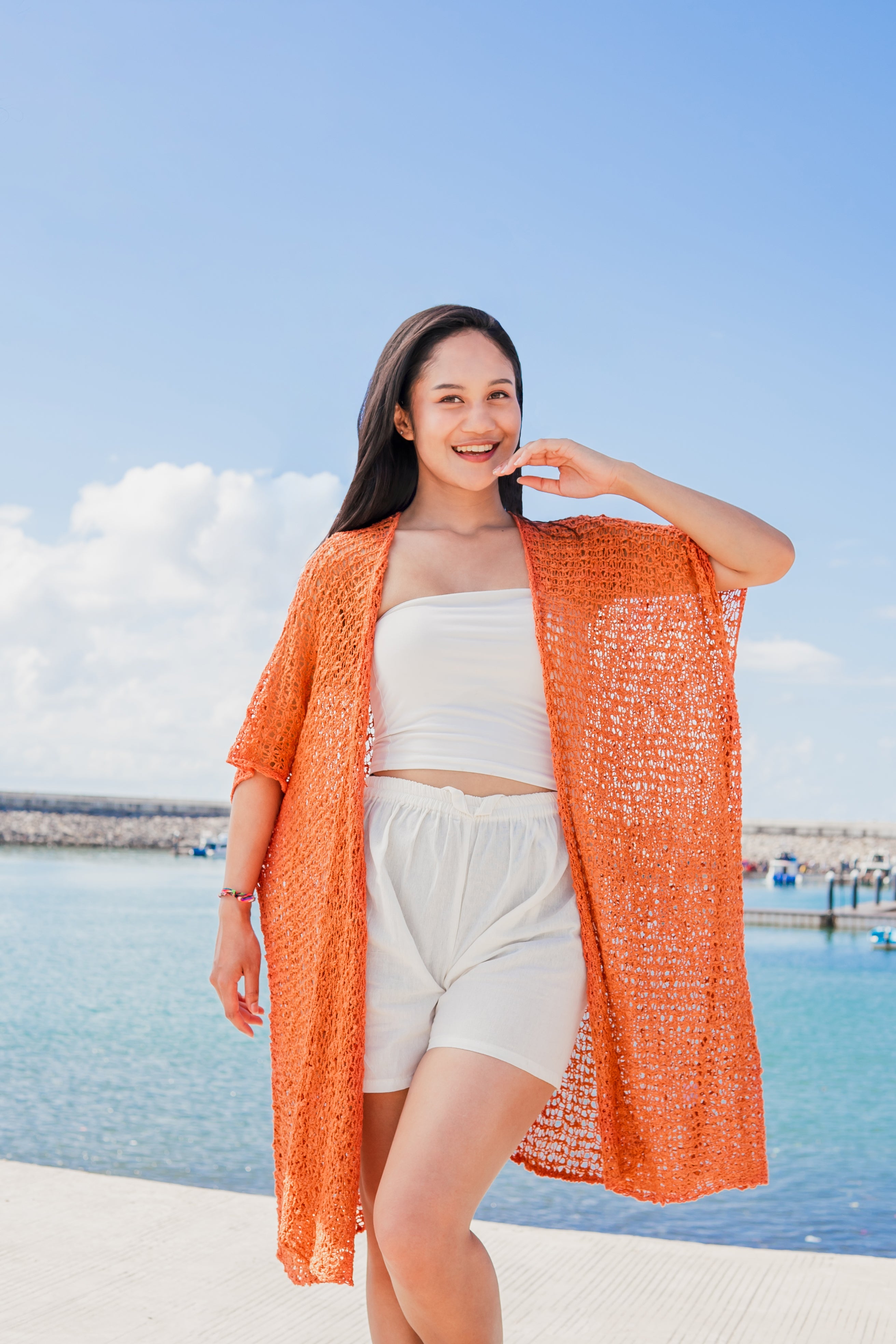 Mid Length Popcorn Knit Kimono - Orange