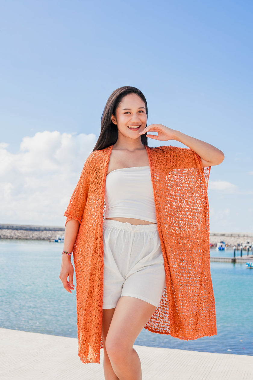 Mid Length Popcorn Knit Kimono - Orange