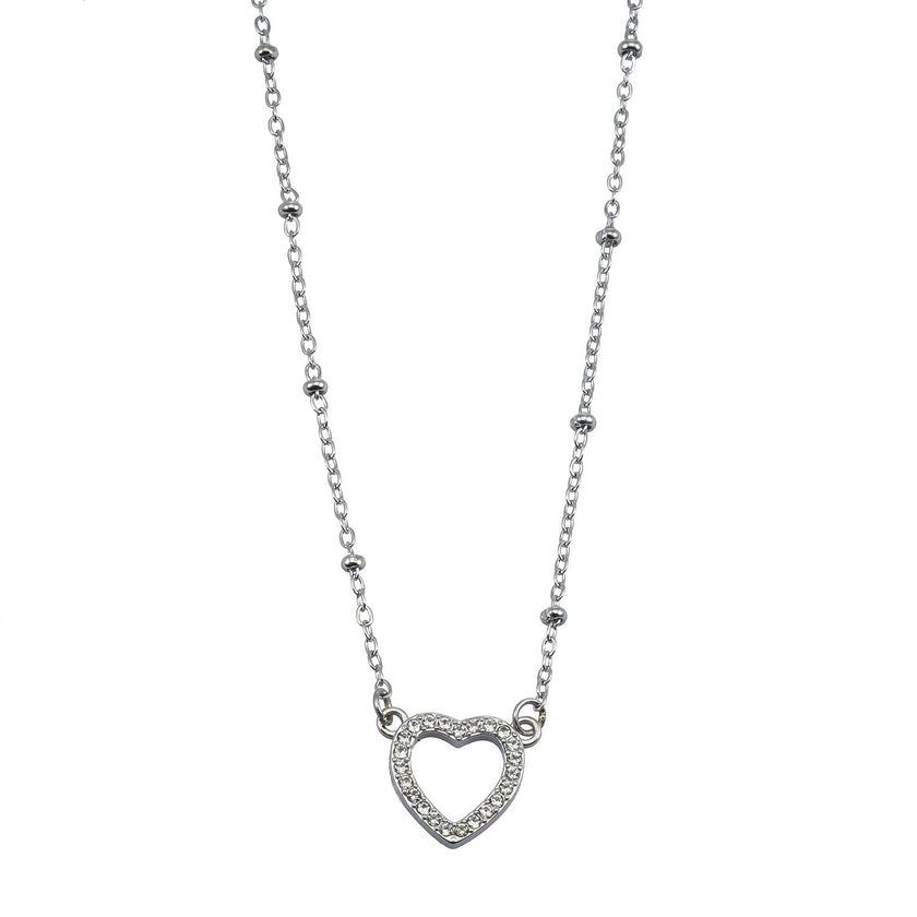 CHERISH Argent (Or Blanc) : Chaîne perlée rehaussant un élégant pendentif en forme de cœur pavé.