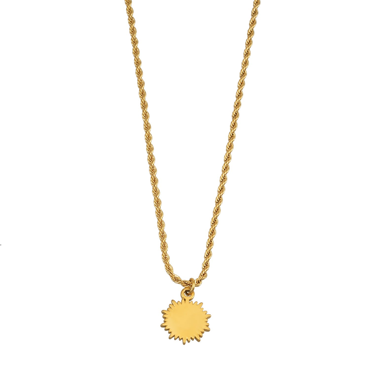 ISA Gold: Rope Chain Necklace with Pavé Zirconia Radiant Sun Pendant