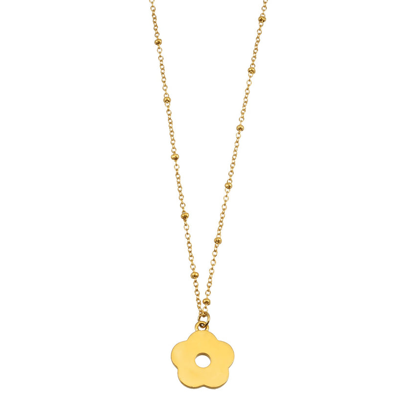 MELRINA Gold - Vintage Bloom: Beaded Chain Necklace with Pave Zirconia Flower Charm