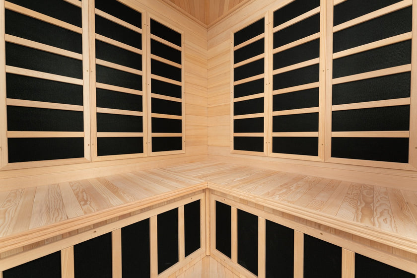 Blisspod, Vienna, Corner Spacious Far Infrared Sauna Canadian Hemlock Ultra Low EMF, 12 Heaters, 4-5 Persons