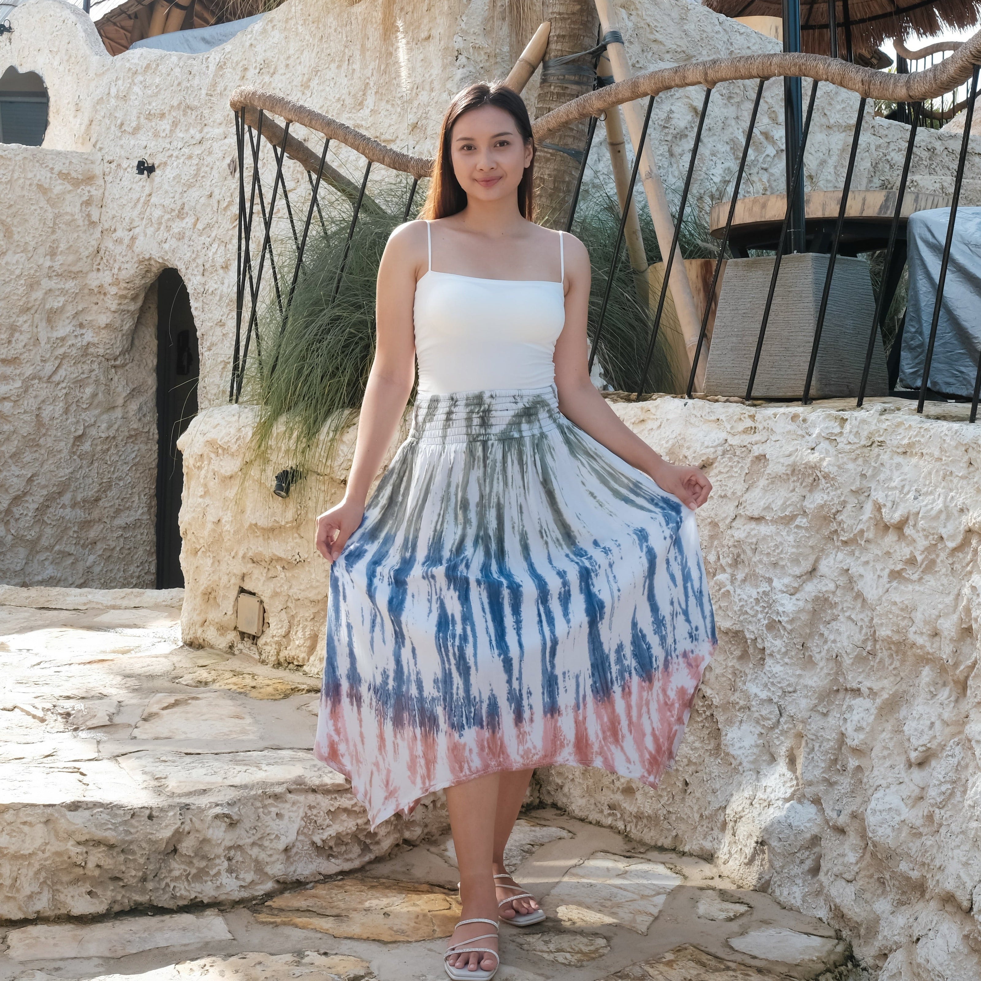 Bone Tie Dye Handkerchief Skirt - Olive, Denim & Peach