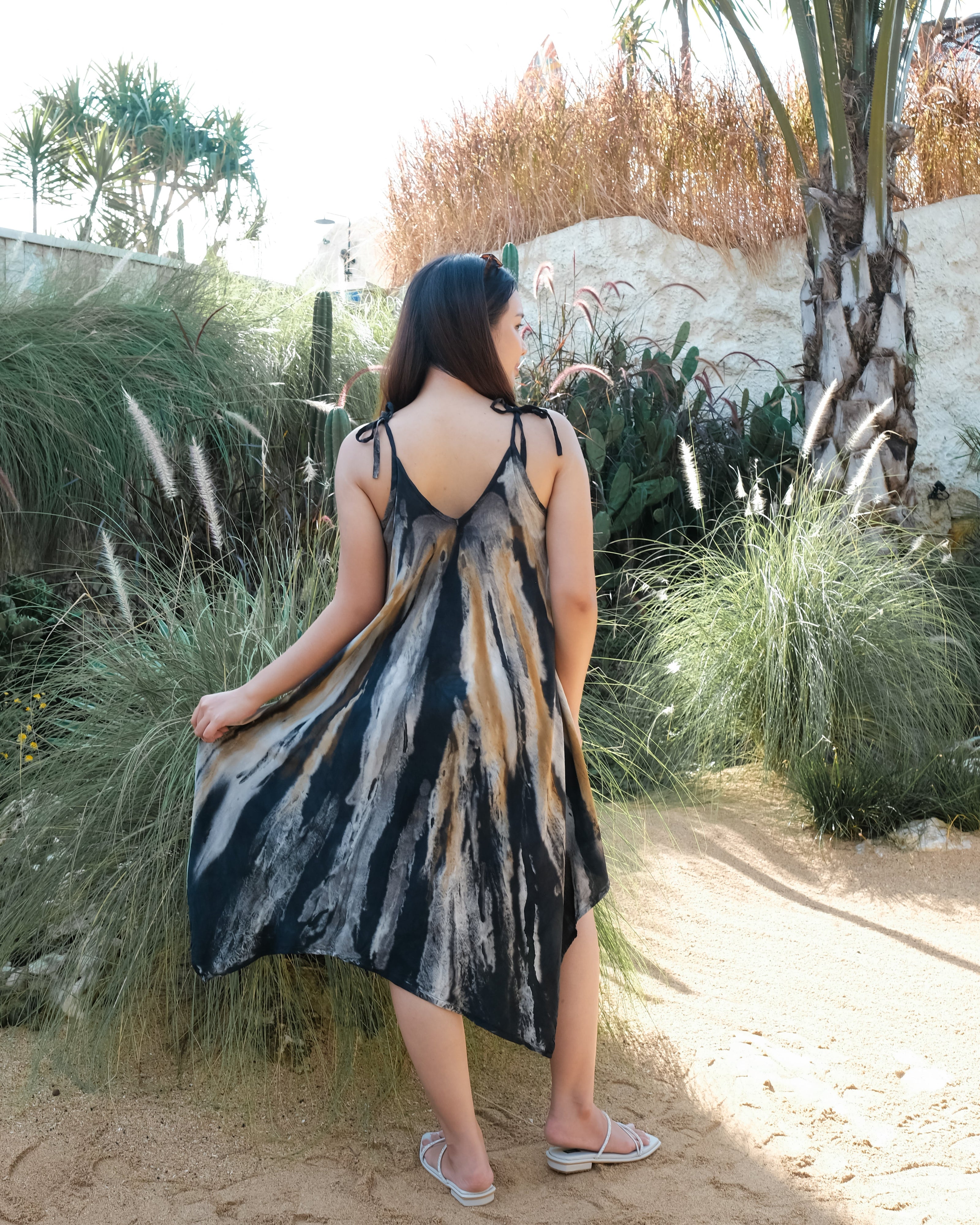Abstract Tie Dye Handkerchief Dress -  Grey & Gold