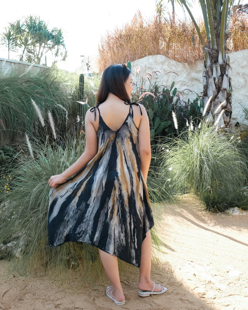 Abstract Tie Dye Handkerchief Dress -  Grey & Gold