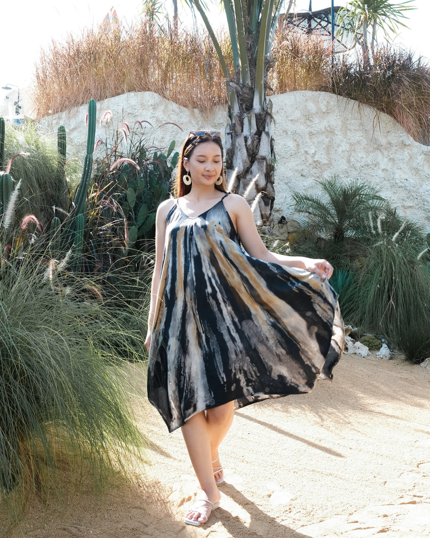 Abstract Tie Dye Handkerchief Dress -  Grey & Gold