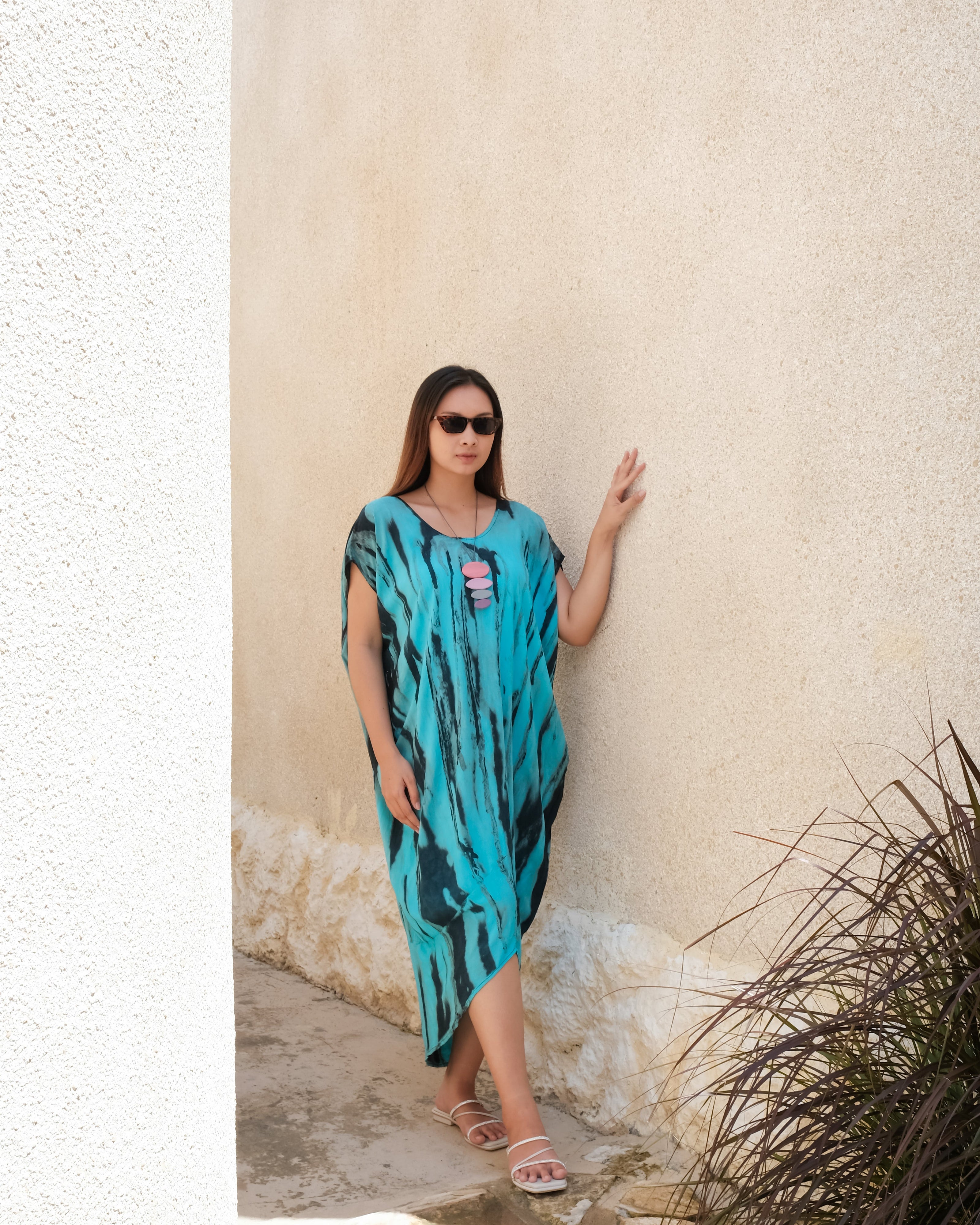 Abstract Tie Dye Design Kaftan Dress - Blue & Grey