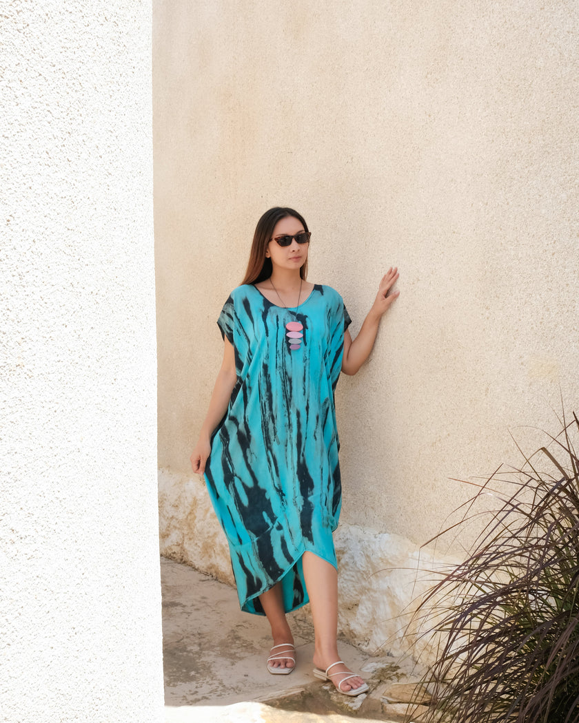 Abstract Tie Dye Design Kaftan Dress - Blue & Grey