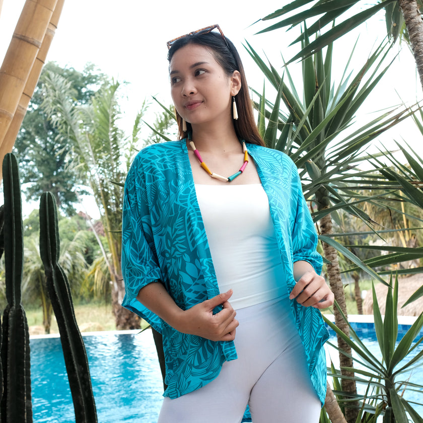 Leaf Print Short Kimono - Mint & Grey