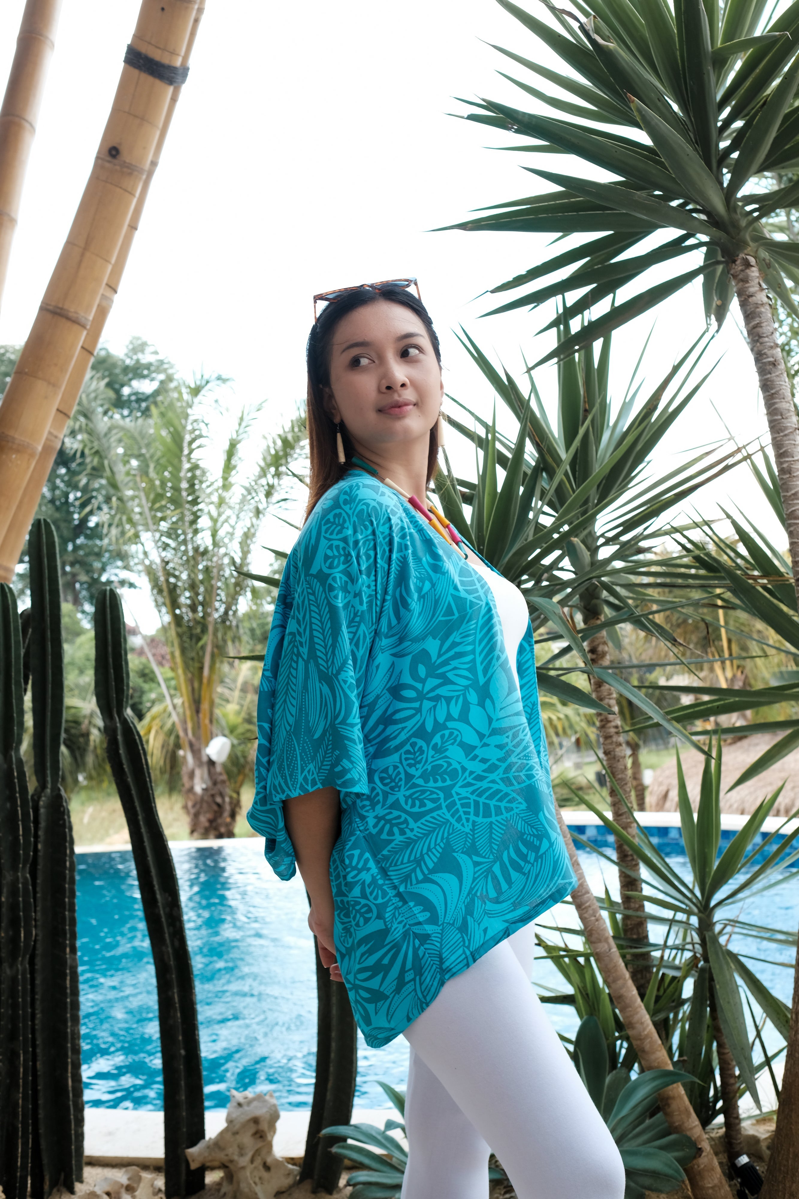 Leaf Print Short Kimono - Mint & Grey