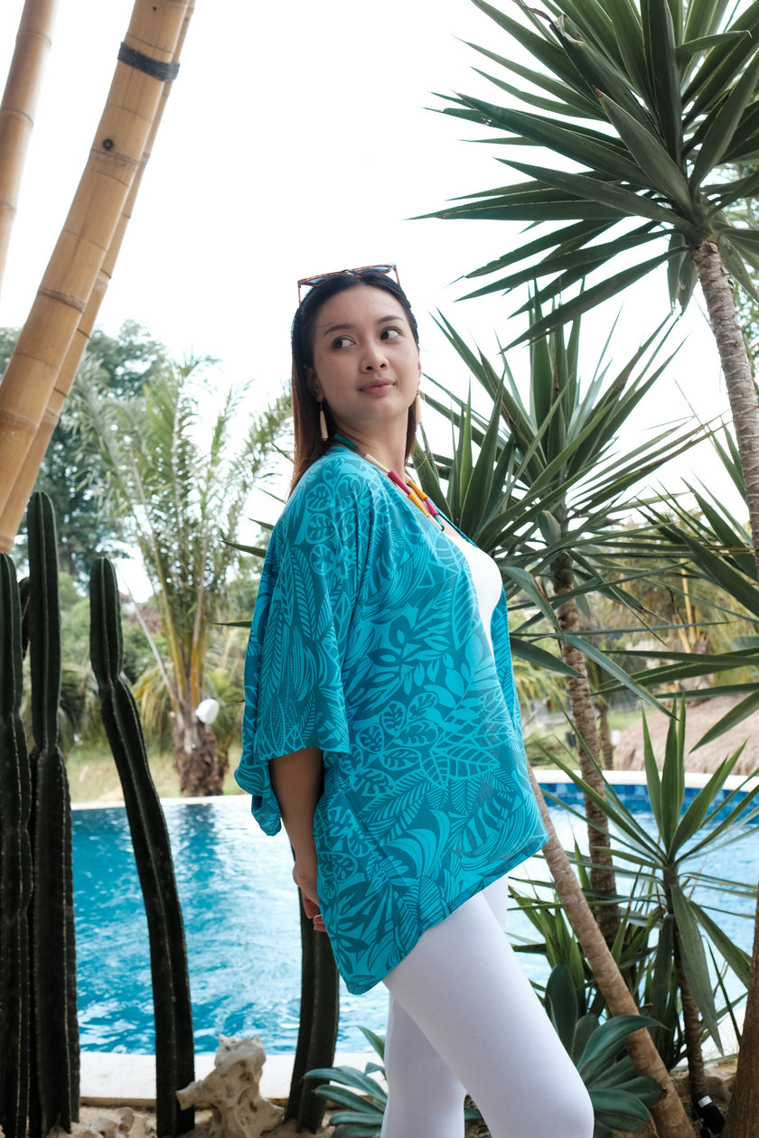 Leaf Print Short Kimono - Mint & Grey