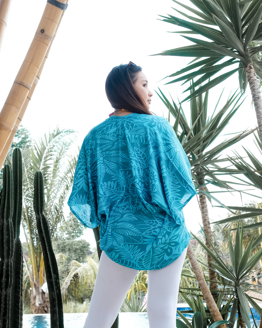 Leaf Print Short Kimono - Mint & Grey