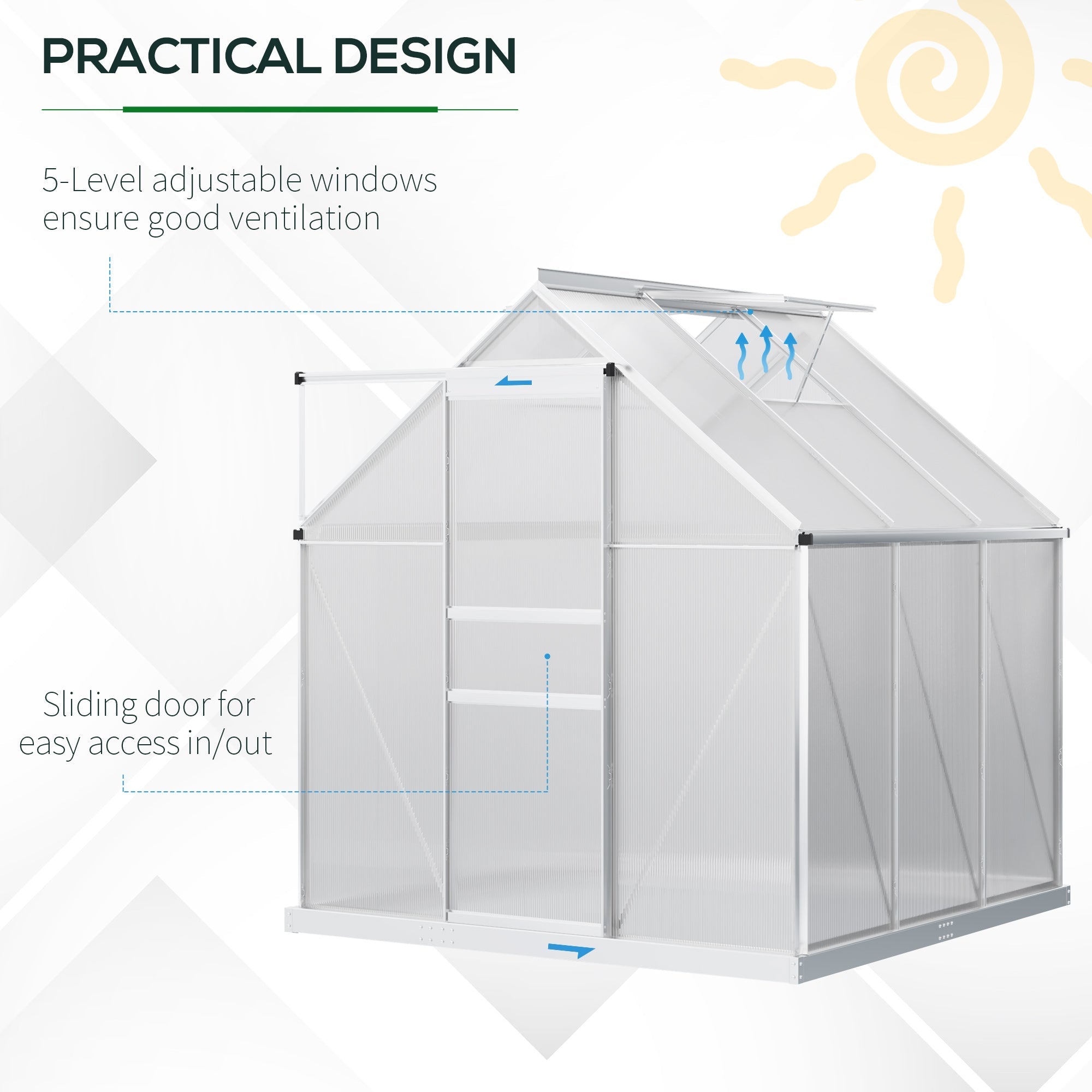 Outsunny 6' x 6' Aluminum Greenhouse Polycarbonate Walk-in Garden Greenhouse Kit with Adjustable Roof Vent, Rain Gutter  Sliding Door| Aosom Canada