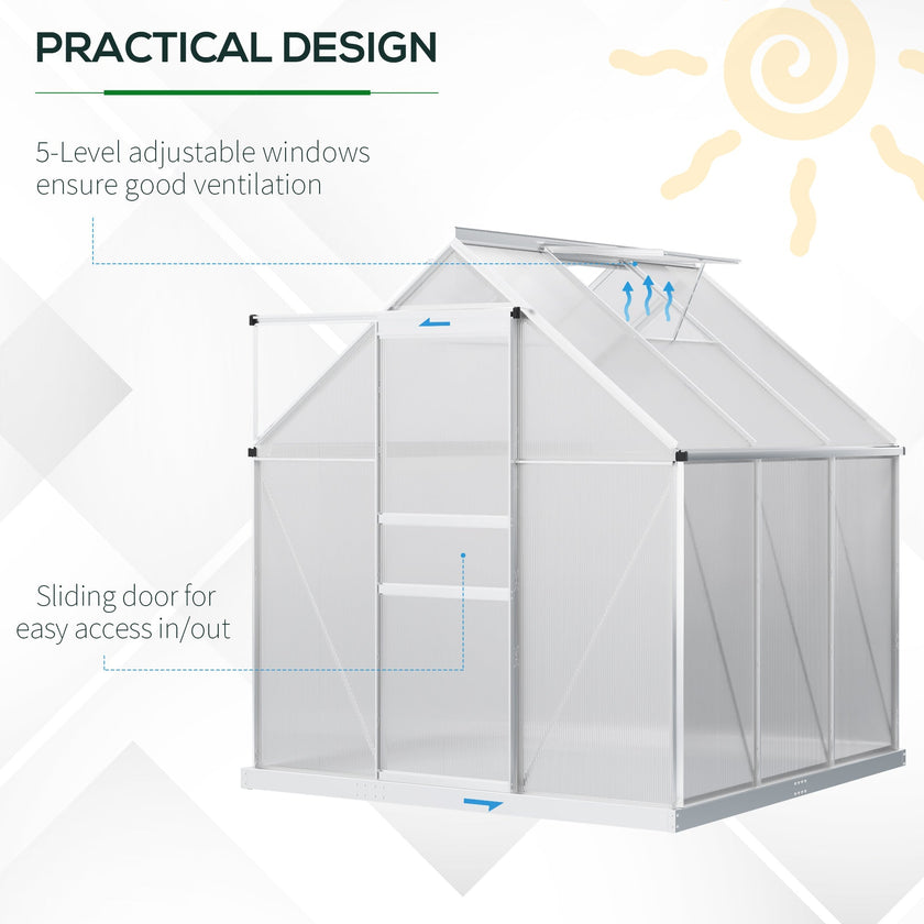 Outsunny 6' x 6' Aluminum Greenhouse Polycarbonate Walk-in Garden Greenhouse Kit with Adjustable Roof Vent, Rain Gutter  Sliding Door| Aosom Canada