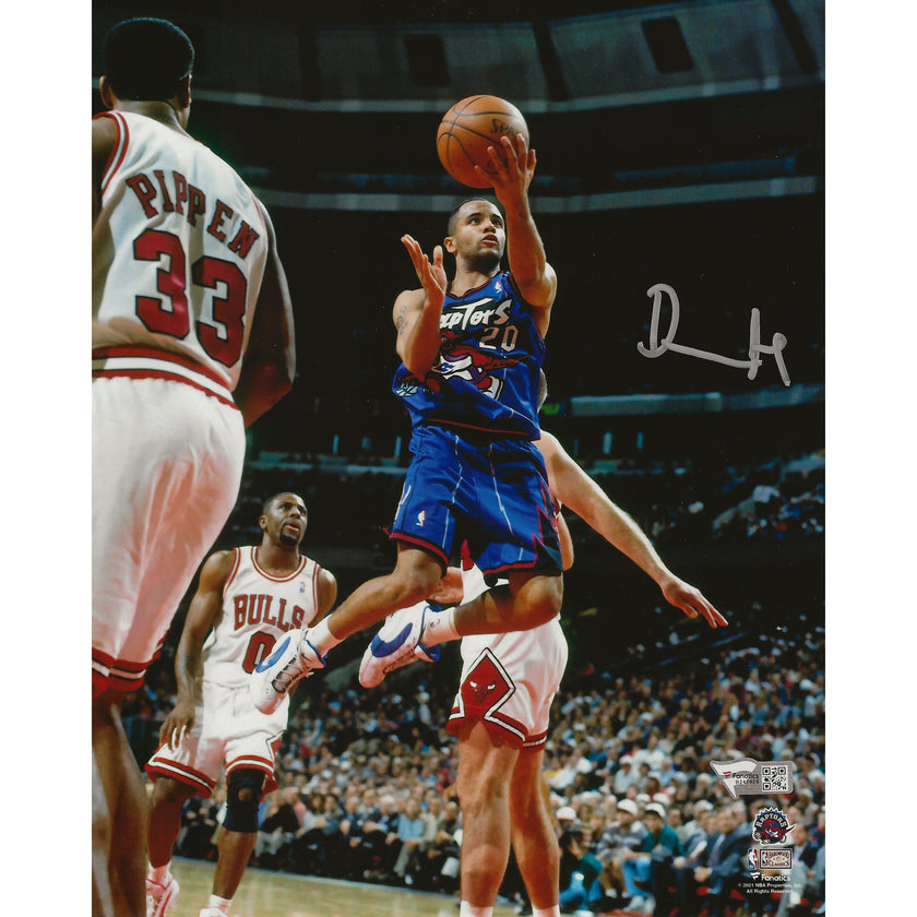 Damon Stoudamire Autographed Toronto Raptors Purple Dino Lay-Up  8x10 Photo