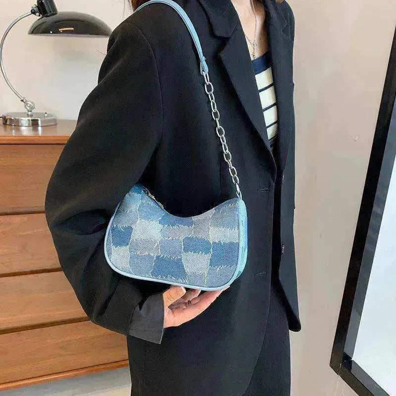 Denim Shoulder Simple Plaid Patchwork Underarm Women Bag