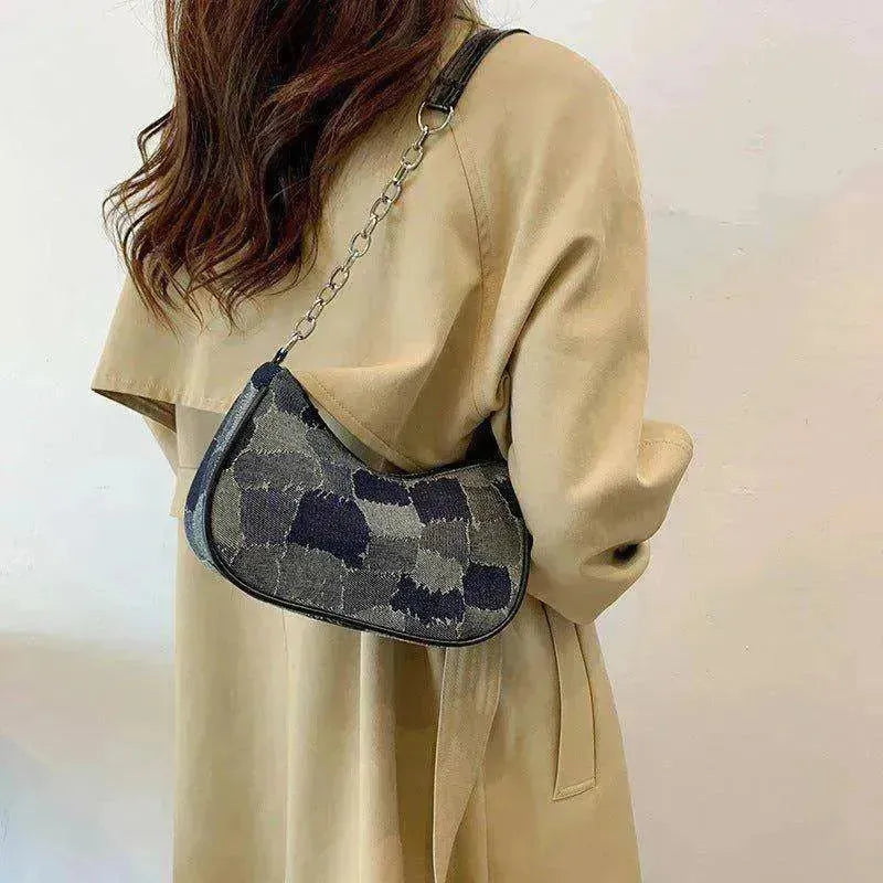 Denim Shoulder Simple Plaid Patchwork Underarm Women Bag