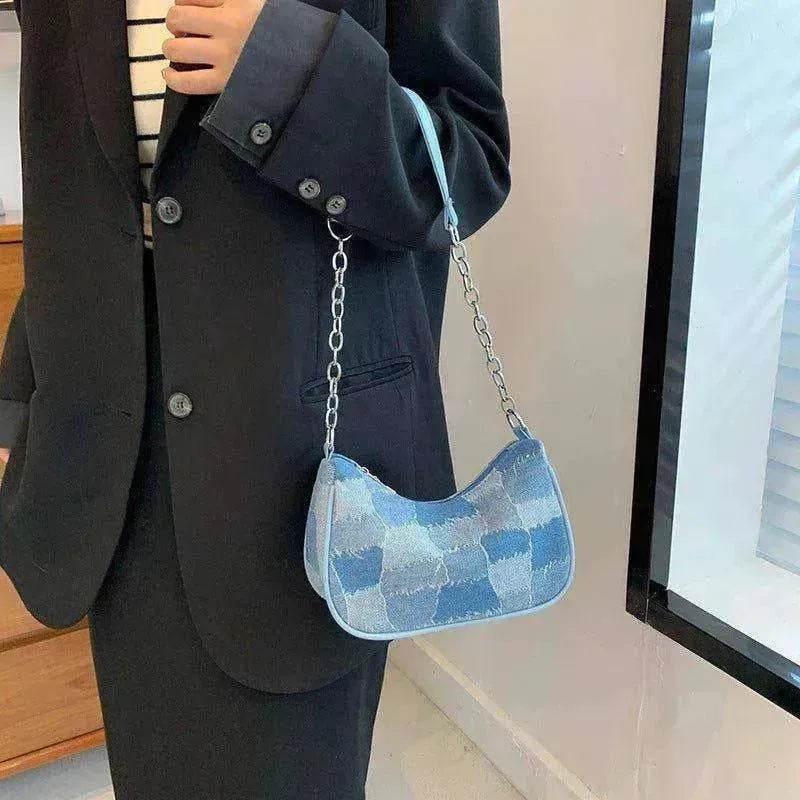 Denim Shoulder Simple Plaid Patchwork Underarm Women Bag