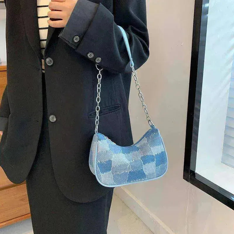 Denim Shoulder Simple Plaid Patchwork Underarm Women Bag