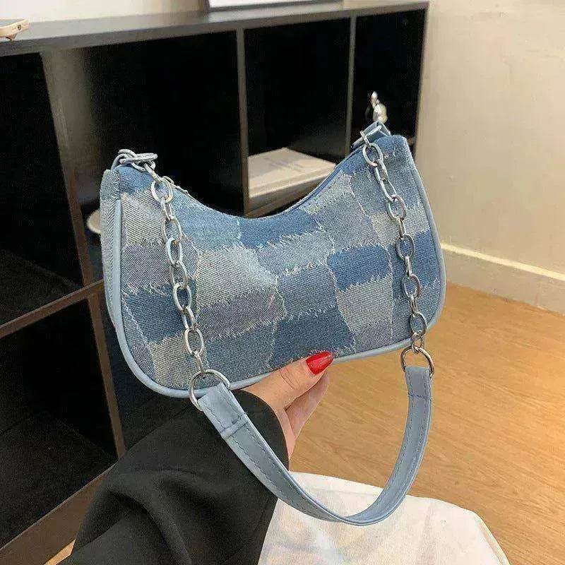 Denim Shoulder Simple Plaid Patchwork Underarm Women Bag