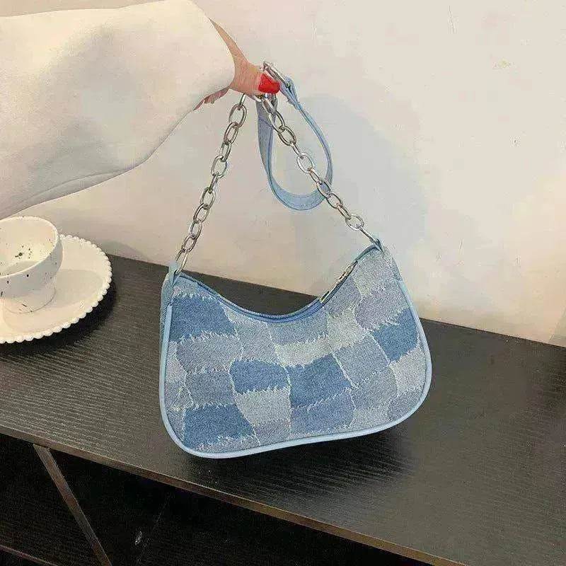 Denim Shoulder Simple Plaid Patchwork Underarm Women Bag