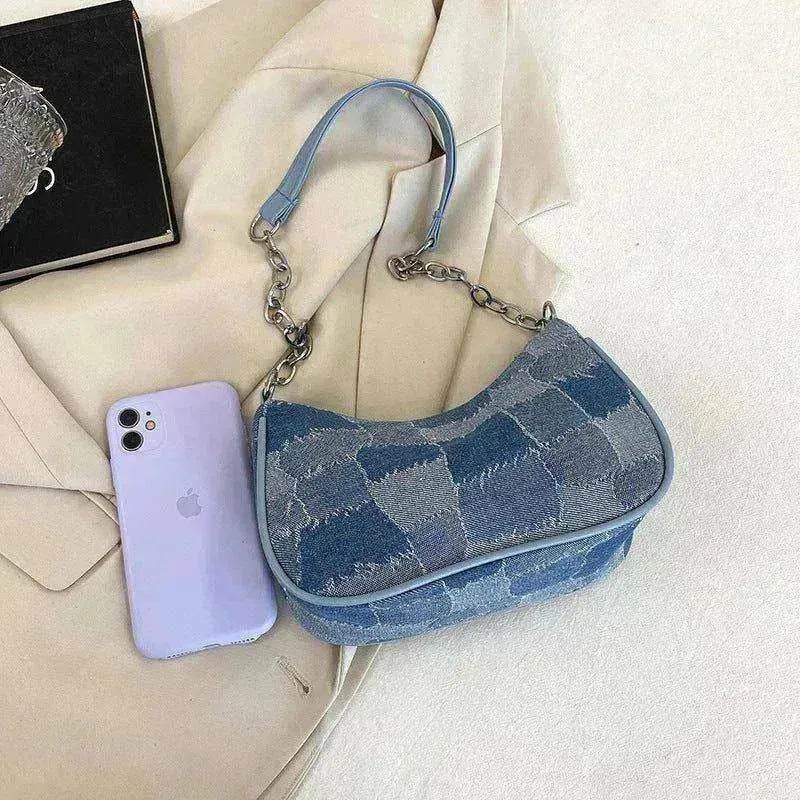 Denim Shoulder Simple Plaid Patchwork Underarm Women Bag