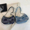 Denim Shoulder Simple Plaid Patchwork Underarm Women Bag