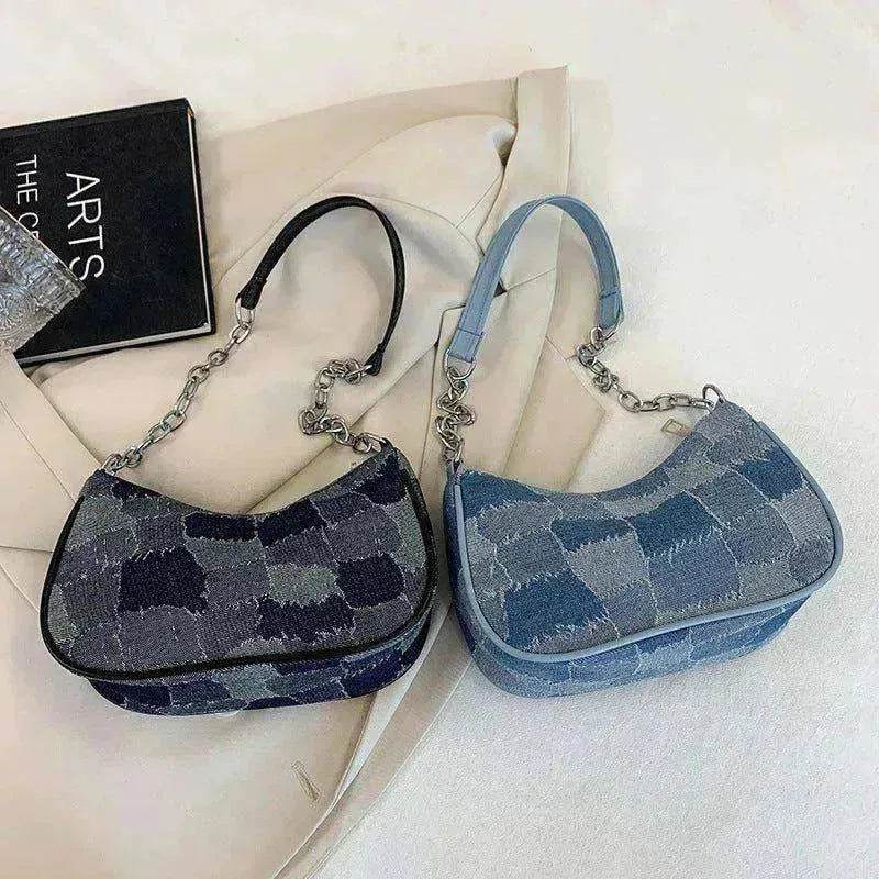 Denim Shoulder Simple Plaid Patchwork Underarm Women Bag