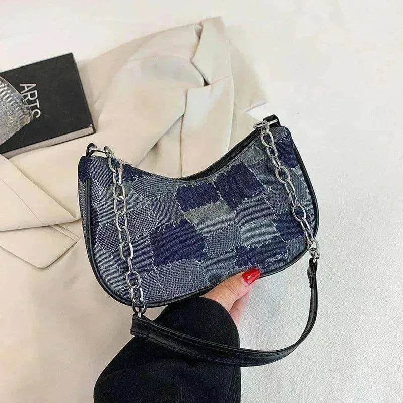 Denim Shoulder Simple Plaid Patchwork Underarm Women Bag