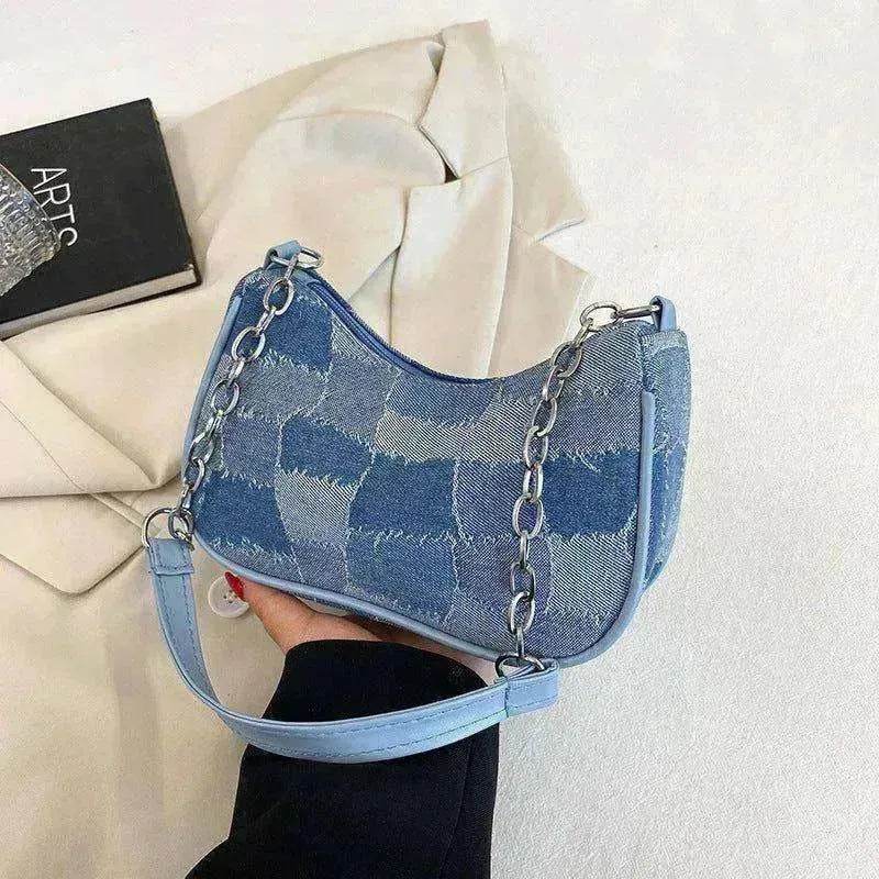 Denim Shoulder Simple Plaid Patchwork Underarm Women Bag