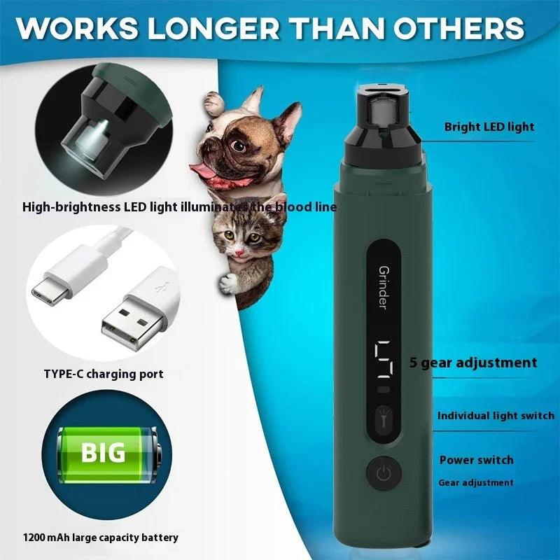 Electric Dog & Cat Nail Grinder – 5-Speed LED Rechargeable Quiet Pet Nail Trimmer for Small, Medium & Large Pets