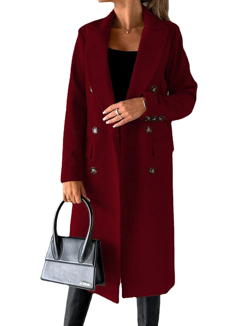 Double Breasted Lapel Coat Winter Fashion Solid Slim Long Jacket Long Sleeve Tops Womens Clothing