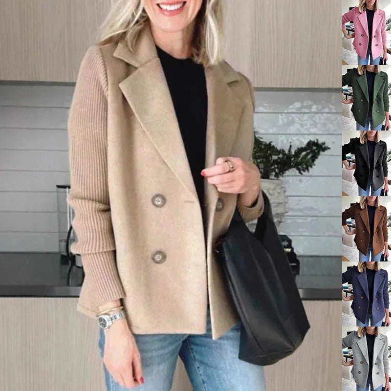 Double Breasted Lapel Jacket Fashion Knitted Sleeves Splicing Design Coat Outerwear