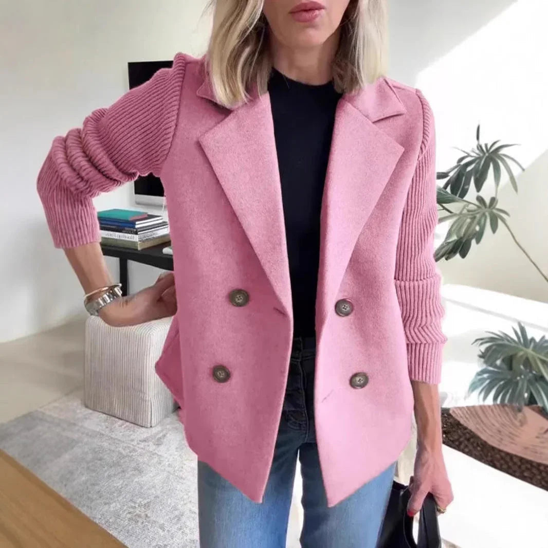 Double Breasted Lapel Jacket Fashion Knitted Sleeves Splicing Design Coat Outerwear