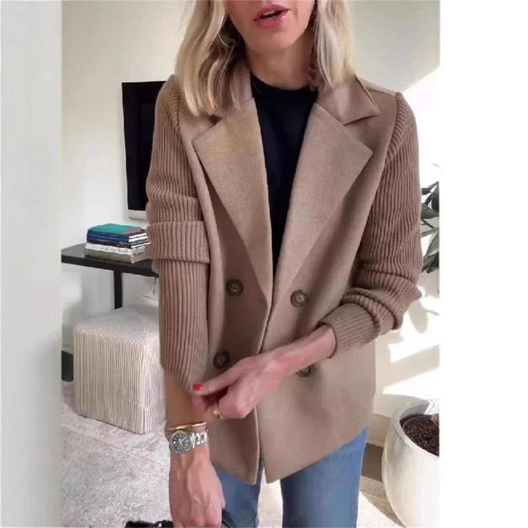 Double Breasted Lapel Jacket Fashion Knitted Sleeves Splicing Design Coat Outerwear