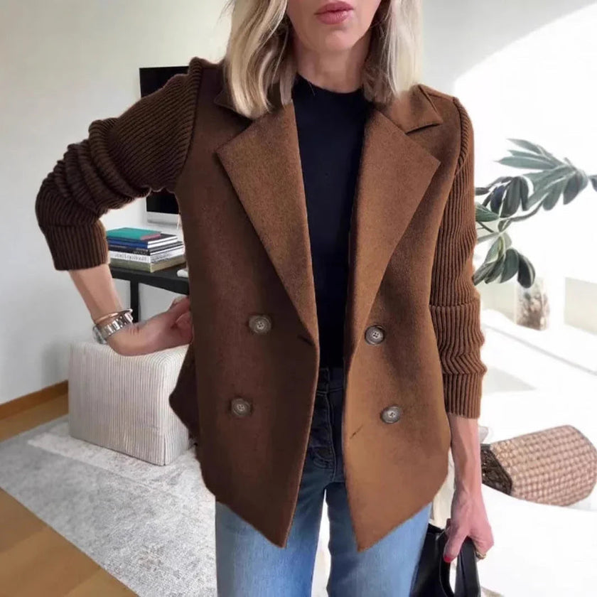 Double Breasted Lapel Jacket Fashion Knitted Sleeves Splicing Design Coat Outerwear