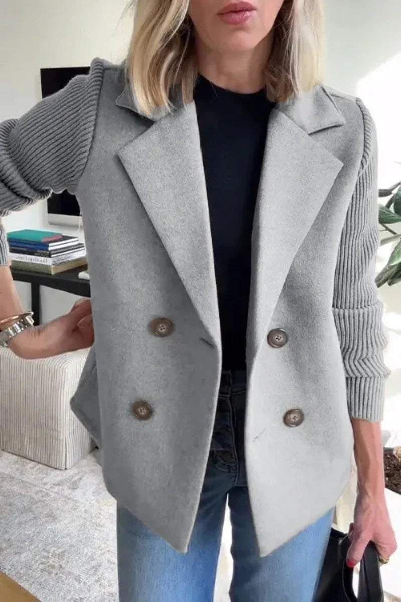 Double Breasted Lapel Jacket Fashion Knitted Sleeves Splicing Design Coat Outerwear